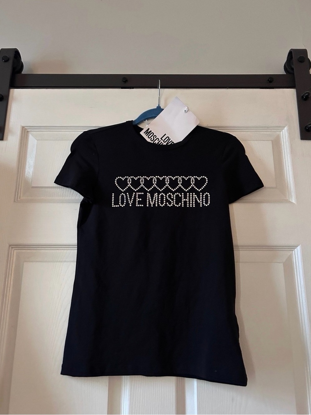 Moschino Black Kids Tee with Rhinestone Heart Logo